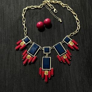 Burgandy Navy Champagne faceted Crystals Necklace & Earrings 17-19 inches